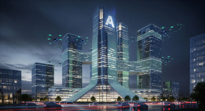 A futuristic metropolis at night, featuring interconnected skyscrapers, advanced architecture, and flying drones, symbolizing a technologically advanced urban future. - Powered by Adobe