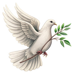 Elegant white dove with olive branch symbolizing peace, hope, and new beginnings in a graceful flight