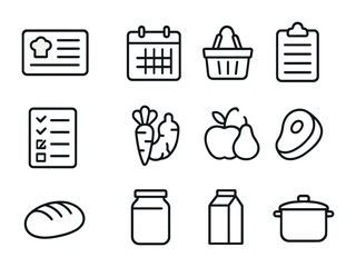 Meal Planning Icons. Outline icon set of meal planning: recipe card, calendar, shopping basket, clipboard,