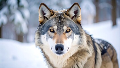 Obraz premium Close-up of a gray wolf in a snowy forest