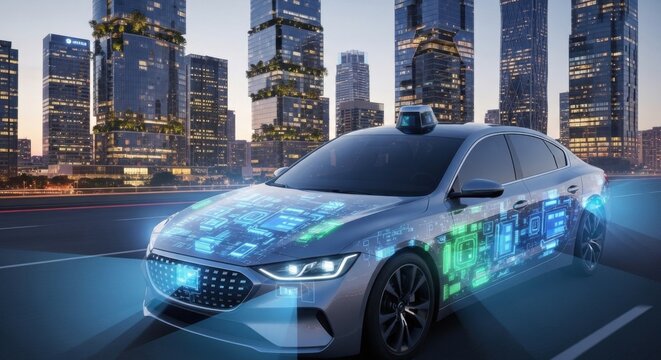 Autonomous Electric Car with Digital Interface in Modern Cityscape at Dusk
