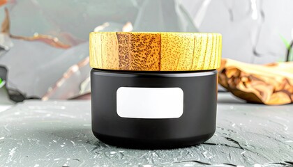 Black Matte Balm Jar with Wooden Lid on Slate Background