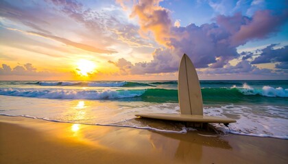 Sunset beach scene with surfboard