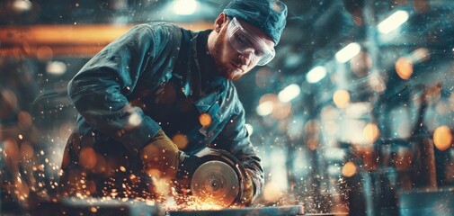 The metalworker using an angle grinder producing bright sparks in a busy workshop