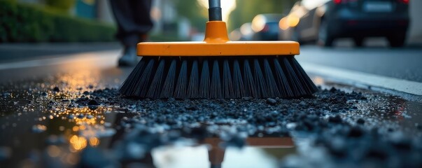 A dramatic, low-angle shot of a street cleaner's brush sweeping away dark debris, emphasizing the texture and contrast of the black material against the pavement , low angle, street cleaner