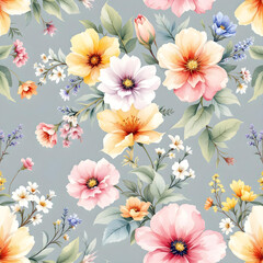 Watercolor floral pattern hand-painted wildflowers and leaves with ribbon on background for wallpaper&nbsp;and&nbsp;fabric
