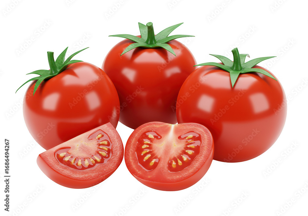 Poster Three ripe tomatoes and two slices isolated on transparent background