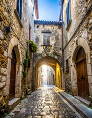 Fototapeta premium Ancient European alleyway bathed in sunlight