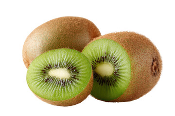 Obraz premium Two whole and two halves of a kiwi fruit. Fresh, vibrant green flesh contrasted with brown skin. Close-up, isolated on black