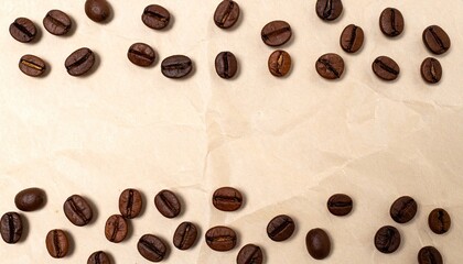Brown Coffee Beans Scattered on Beige Parchment Paper Background