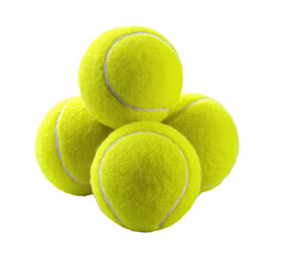 Four tennis balls clustered together, showing off their bright yellow color and white stitching