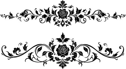 Floral Border Dividers with Ornate Roses and Leaves Line Art