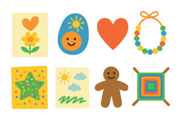 Fototapeta premium Children's Handmade Gifts. Flat vector mini-illustrations handmade gifts from kids in colors children's