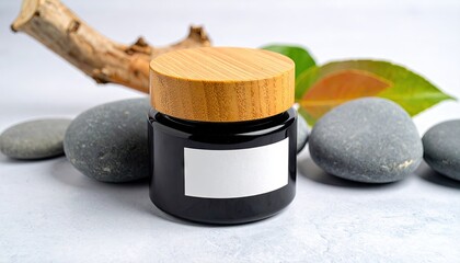 Black Balm Jar Mockup with Wood Lid on Slate Stones