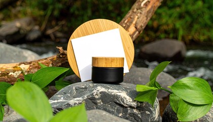 Black Balm Jar with Wood Lid on River Stones