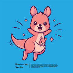 Charming pink kangaroo mom with her adorable joey in pouch, happily leaping amidst sparkling joy