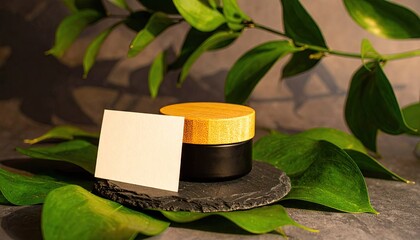 Black Balm Jar with Wood Lid on Slate and Blank Sticker