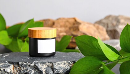 Black Balm Jar with Wood Lid on Slate Rocks and Greenery