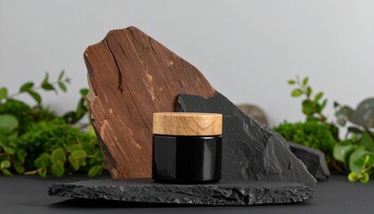 Black Balm Jar with Wood Lid on Slate Stones