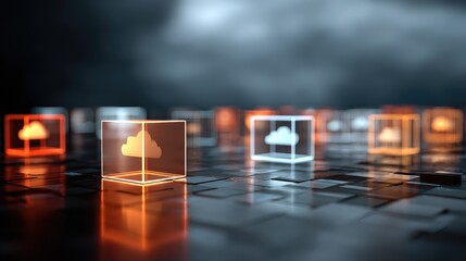 Fototapeta premium Futuristic Cloud Computing Network: Glowing Cubes in Digital Space