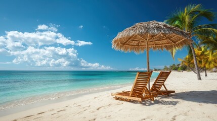 The vibrant beach scene with sun loungers and a thatched umbrella