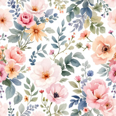 Watercolor floral pattern hand-painted wildflowers and leaves with ribbon on background for wallpaper and fabric