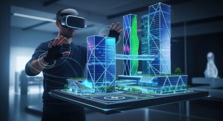 Tech Professional Using Virtual Reality Headset Interacting with Digital Architectural Model in Modern Office