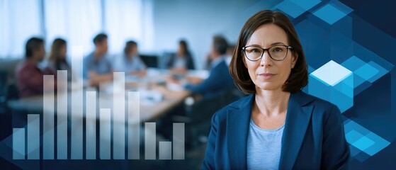 Confident Businesswoman in Meeting Room with Data Visualization and Team Discussion Background