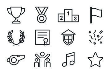 Sports Awards Icons. Outline icon set of sports awards ceremony: trophy, medal, podium, laurel wreath, flag,