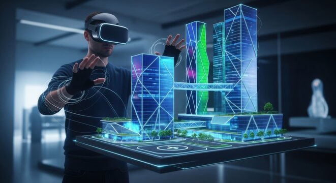 Tech Professional Using Virtual Reality Headset Interacting with Digital Architectural Model in Modern Office