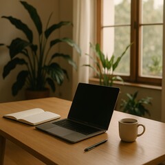 Modern Minimalist Workspace with Laptop, Sketchbook and Coffee Cup on Wooden Desk