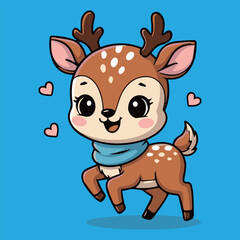 An adorable cartoon baby deer with a cozy blue scarf prancing joyfully with love hearts