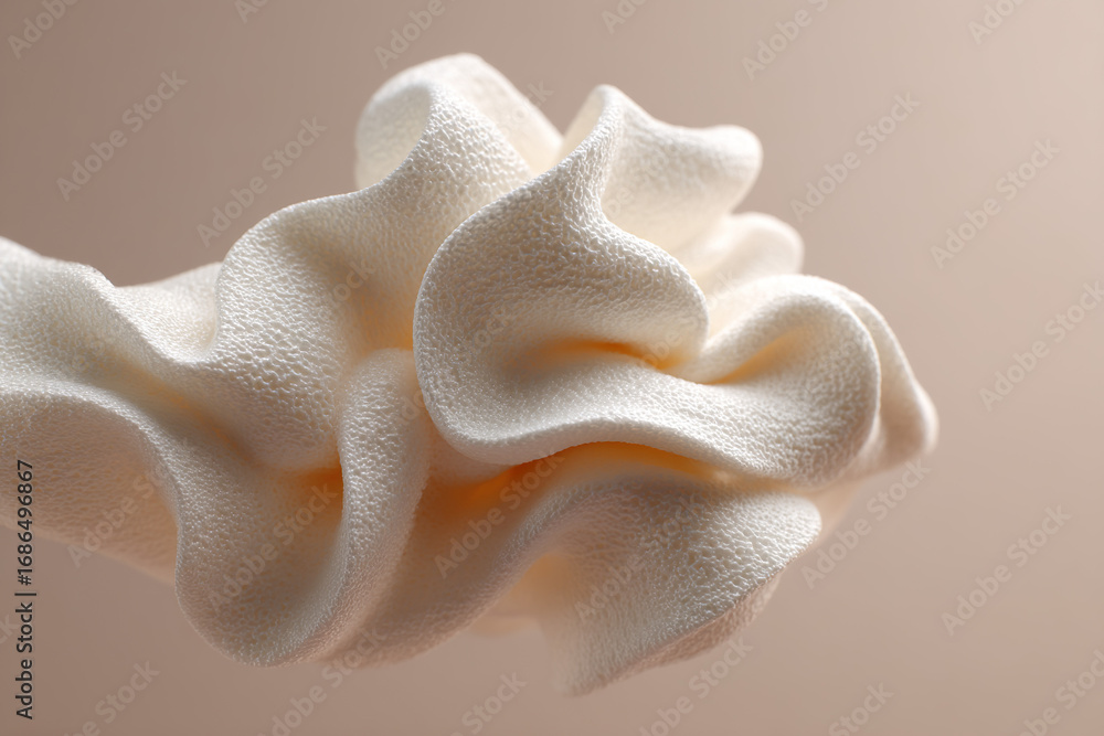 Poster a soft, creamy white rosette of textured material curls and folds against a soft background creating