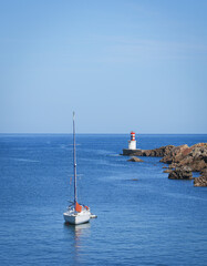 Sailboat moored at Arando Aundi Punta, Pasaia Bay, Basque Country