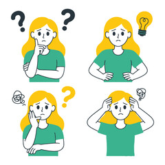 Confused and Thinking Woman with Idea Light Bulb in Flat Vector Illustration