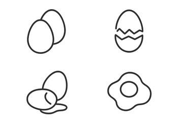 Eggs simple icon collection, editable stroke vector cartoon illustration, cracked egg, fried egg, raw egg, whole eggs, transparent background for infographics, articles, books, banners, flyers