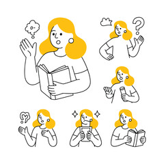 Woman with Book Showing Different Gestures and Emotions in Vector Illustration