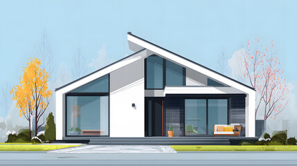 Modern single house with large windows, clean facade, and grey roof in front view.