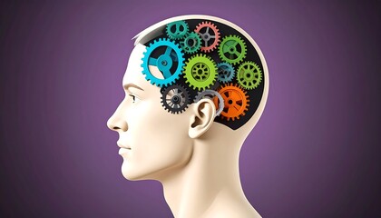 3D model of a human head with gears inside, profile view