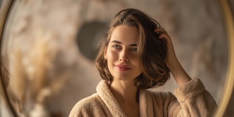 The woman in a cozy robe gracefully admiring her reflection in soft light.