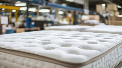 Fototapeta premium Comfort Crafted: A close-up view reveals the intricate details of a pristine mattress, set against a subtly blurred industrial backdrop.