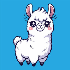 Cute fluffy white llama with big sparkling eyes. Adorable kawaii animal cartoon vector illustration