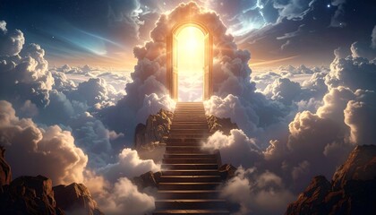 A stairway to heaven, vibrant clouds, golden archway, celestial sunrise