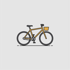A minimalist, flat illustration of a yellow bicycle with a front basket, presented against a plain grey background, showcasing its frame, wheels, and handlebars.
