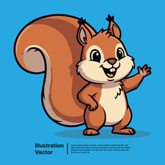 Cute Cartoon Squirrel Waving Hand with Fluffy Tail on Blue Background - Vector Illustration