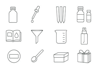 DIY Perfume Kit Icons. Outline icon set of DIY perfume kits: mixing bottle, dropper, scent strips, essential