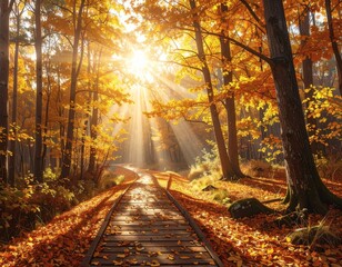 Obraz premium Enchanting Autumn Forest Path Illuminated by Golden Sun Rays, Showcasing Vibrant Fall Foliage and a Serene Woodland Landscape