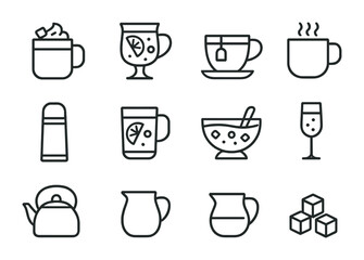 Seasonal Drink Icons. Outline icon set of seasonal drinks: hot cocoa, mulled wine, tea cup, coffee mug,