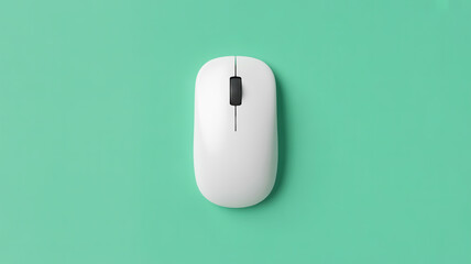 A minimalist product photograph of a white wireless computer mouse on a solid mint green background