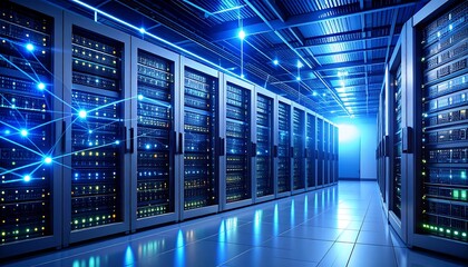 Server room; glowing network connections